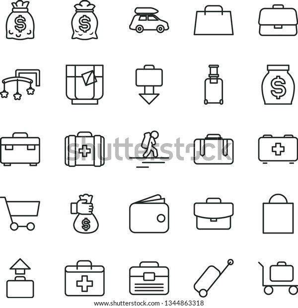 thin line vector icon set - paper bag vector,\
first aid kit, toys over the cot, of a paramedic, medical,\
portfolio, suitcase, glass tea, cart, briefcase, wallet, money,\
dollars, hand, car\
baggage