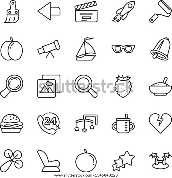 thin line vector icon set - left direction\
vector, magnifier, movie cracker, toys over the cot, mug for\
feeding, baby rattle, car child seat, new roller, plastic brush,\
bell, broken heart,\
picture