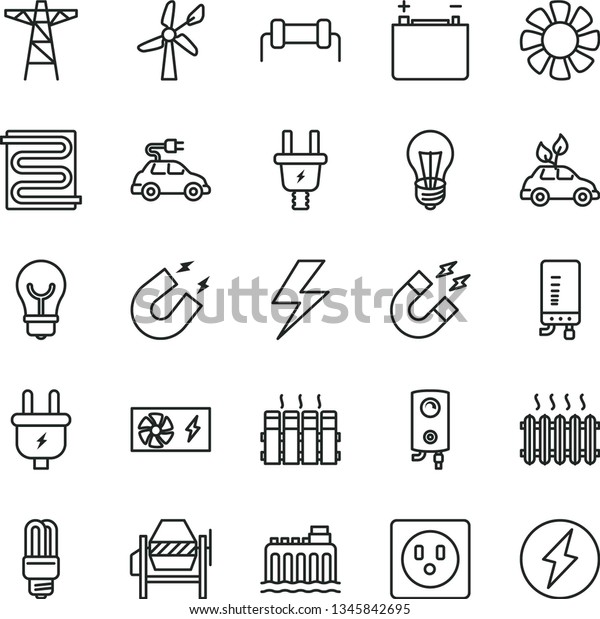 thin line vector icon set - lightning vector,\
concrete mixer, heating coil, radiator, boiler, electronic, bulb,\
wind energy, accumulator, hydroelectricity, power pole, plug,\
electric, socket, car