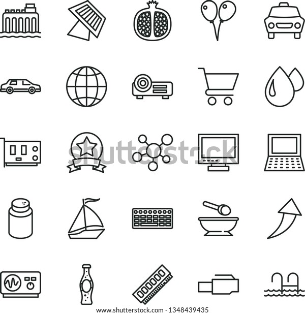 thin line vector icon set - monitor vector,\
powder, deep plate with a spoon, colored air balloons, earth, car,\
cart, bottle of soda, half pomegranate, hydroelectricity, drop,\
notebook pc, keyboard