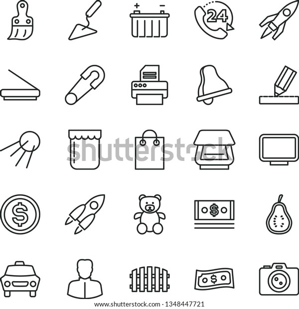 thin line vector icon set - bell vector, safety pin,\
teddy bear, building trowel, plastic brush, drawing, fence, car,\
24, artificial satellite, jam, part of guava, battery, woman,\
dollar, cash, bag