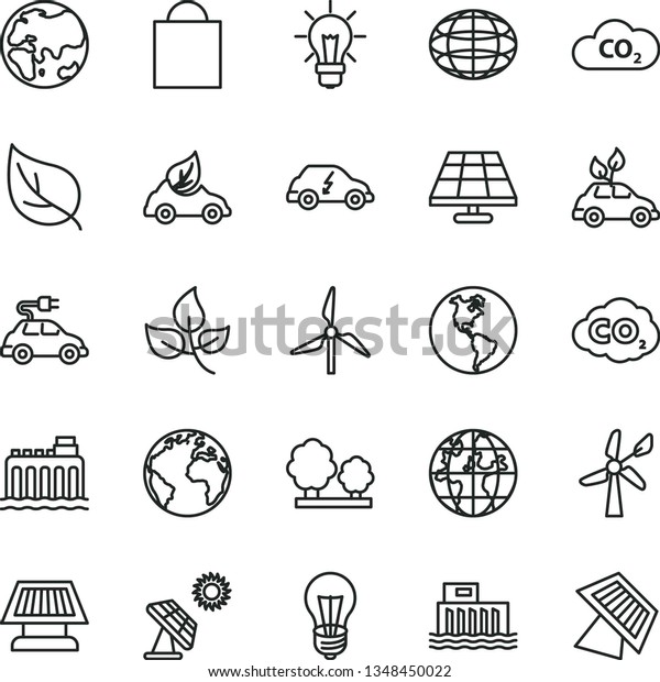thin line vector icon set - sign of the planet\
vector, paper bag, solar panel, big, leaves, leaf, windmill, wind\
energy, Earth, bulb, hydroelectric station, hydroelectricity,\
trees, eco car, CO2