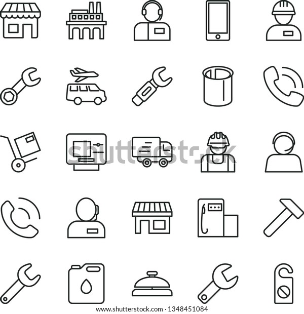 thin line vector icon set - repair key vector,
workman, hammer, smartphone, phone call, operator, shipment, modern
gas station, industrial enterprise, builder, canister of oil,
pipes, steel, kiosk