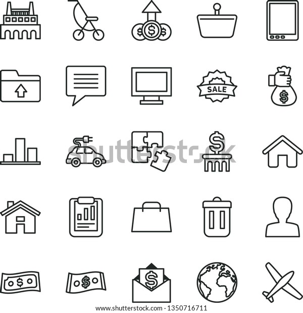thin line vector icon set - house vector, sign of\
the planet, image thought, monitor window, woman, upload folder,\
summer stroller, Puzzles, industrial factory, electric car,\
shopping basket, chart