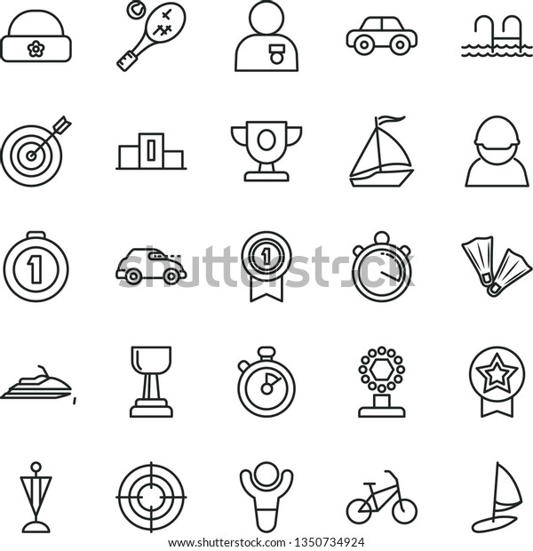 thin line vector icon set - motor vehicle vector,\
warm hat, racer, retro car, stopwatch, winner, pedestal, prize,\
cup, gold, man with medal, pennant, target, first place, star, aim,\
sail boat, bike