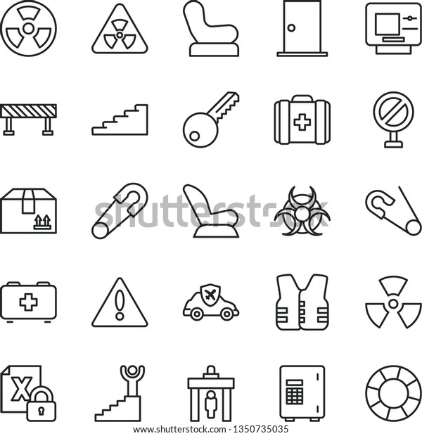 thin line vector icon set - warning vector,\
prohibition, Baby chair, car child seat, safety pin, open, bag of a\
paramedic, medical, key, ntrance door, road fence, cardboard box,\
radiation hazard