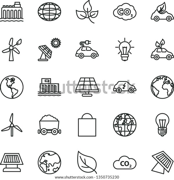 thin line vector icon set - sign of the planet\
vector, paper bag, solar panel, big, leaves, leaf, windmill, wind\
energy, Earth, bulb, hydroelectric station, hydroelectricity, eco\
car, electric, CO2