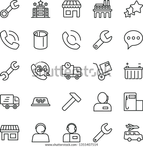 thin line vector icon set - repair key vector,\
hammer, speech, delivery, 24, phone call, operator, shipment,\
modern gas station, battery, industrial enterprise, pipes, kiosk,\
stall, dispatcher, taxi