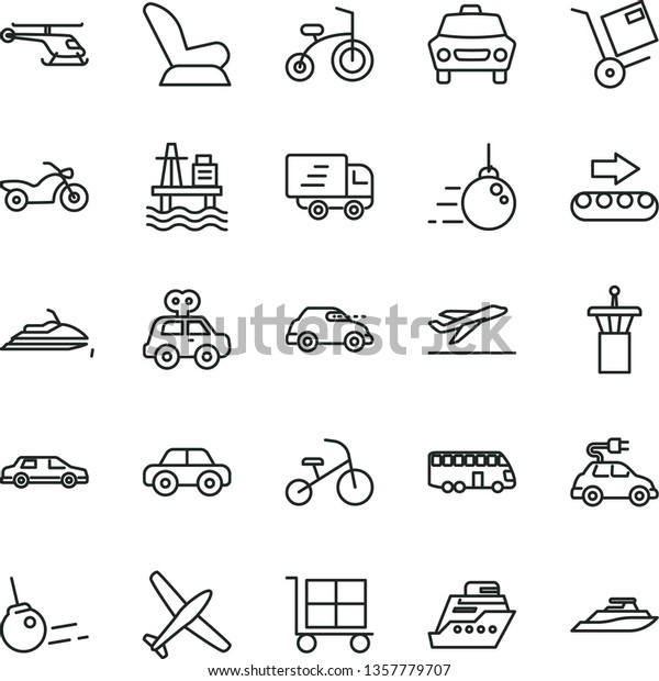 thin line vector icon set - cargo trolley vector, car\
child seat, motor vehicle, present, bicycle, tricycle, big core,\
shipment, sea port, production conveyor, electric, retro, Express\
delivery, bus