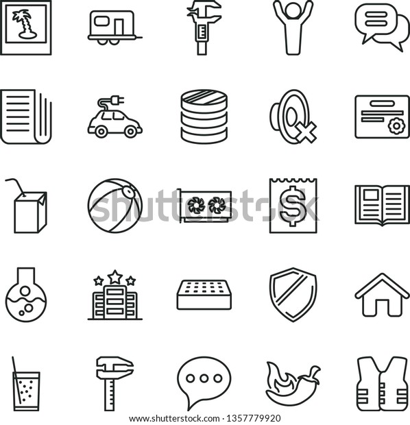 thin line vector icon set - silent mode vector,\
baby bath ball, packing of juice with a straw, house, brick,\
speech, book, chili, glass soda, electric car, calipers, caliper,\
column coins, newspaper