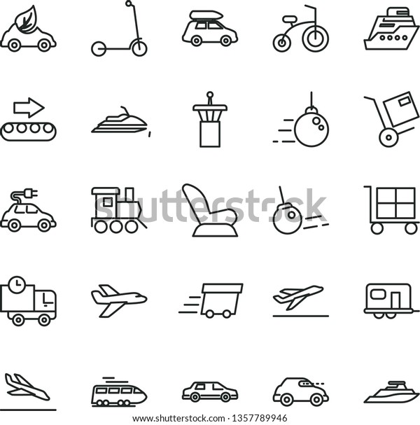 thin line vector icon set - cargo trolley
vector, car child seat, baby toy train, bicycle, Kick scooter, big
core, delivery, shipment, production conveyor, eco, electric,
retro, urgent, limousine