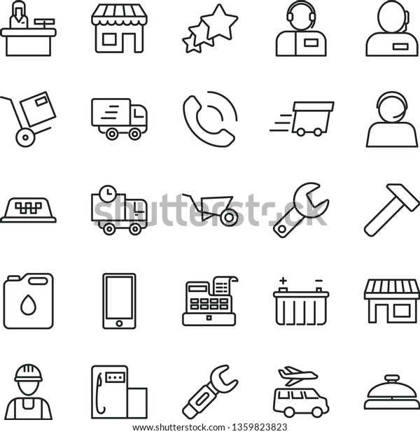 thin line vector icon set - repair key vector,\
builder, building trolley, hammer, smartphone, delivery, phone\
call, operator, shipment, modern gas station, battery, canister of\
oil, steel, kiosk