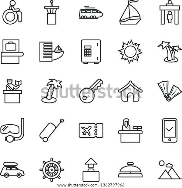 thin line vector icon set - train vector, car\
baggage, sail boat, airport tower, security gate, scanner, passort\
control, plane ticket, phone registration, rolling case, hotel,\
boungalow, sun, key