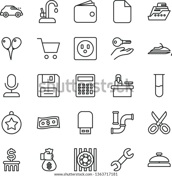thin line vector icon set - scissors vector,\
calculator, colored air balloons, kitchen faucet, water pipes,\
socket, retro car, wallet, radiator fan, usb flash, floppy, repair,\
file, test tube, cart