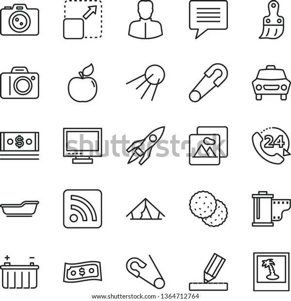 thin line vector icon set - image of thought\
vector, monitor, camera, roll, rss feed, safety pin, open, bath,\
plastic brush, drawing, picture, car, 24, artificial satellite,\
expand, biscuit, apricot