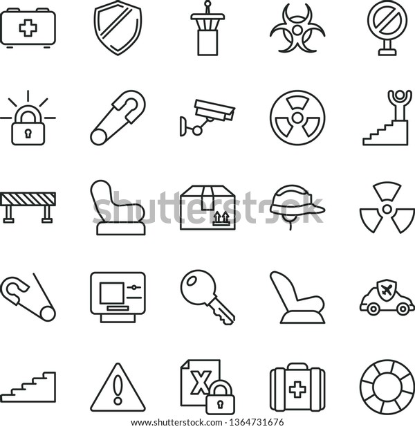 thin line vector icon set - warning vector,\
prohibition, Baby chair, car child seat, safety pin, open, bag of a\
paramedic, medical, helmet, road fence, key, cardboard box,\
radiation hazard, nuclear