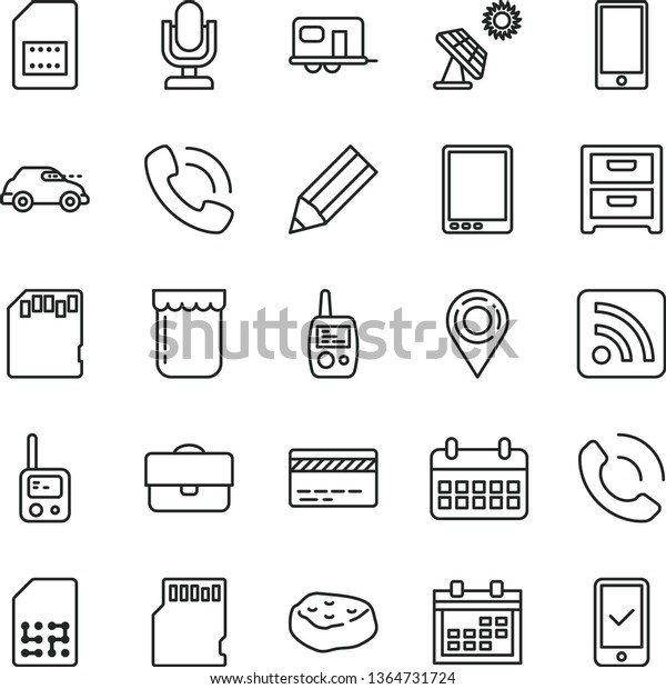 thin line vector icon set - desktop microphone\
vector, calendar, bank card, rss feed, toy phone, mobile,\
smartphone, nightstand, call, piece of meat, jam, big solar panel,\
retro car, SIM, location