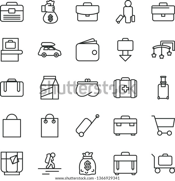 thin line vector icon set - briefcase vector,\
paper bag, toys over the cot, medical, portfolio, suitcase, case,\
package, a glass of tea, cart, wallet, purse, dollars, money hand,\
car baggage