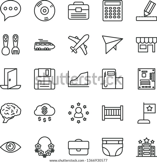 thin line vector icon set - baby cot vector, nappy,
plastic fork spoons, portfolio, drawing, speech, eye, kiosk, modern
gas station, motherboard, cd, floppy, brain, calculator, growth
graph, train