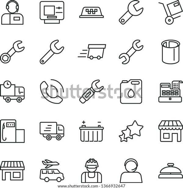 thin line vector icon set - repair key vector,\
delivery, phone call, operator, shipment, modern gas station,\
battery, builder, canister of oil, pipes, steel, kiosk, stall,\
urgent cargo, Express,\
atm