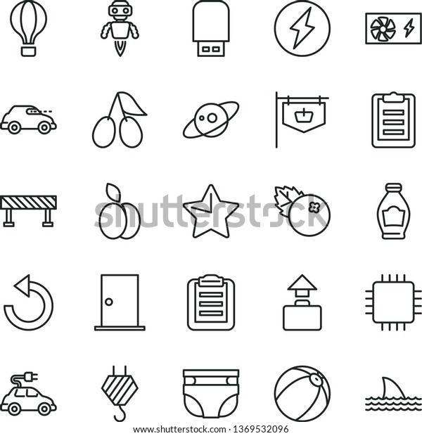 thin line vector icon set - counterclockwise\
vector, nappy, baby bath ball, hook, ntrance door, road fence,\
star, blueberries, apple, bottle, cornels, electric car, retro,\
vintage sign, cpu, robot