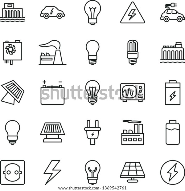 thin line vector icon set - lightning vector, danger\
of electricity, matte light bulb, charge level, charging battery,\
solar panel, factory, accumulator, hydroelectric station,\
hydroelectricity, car