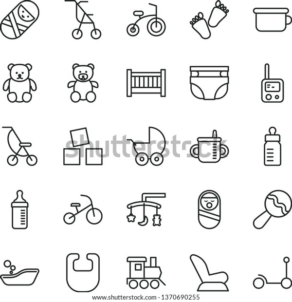 thin line vector icon set - baby cot vector, toys
over the cradle, mug for feeding, bottle, measuring, nappy, bib,
beanbag, car child seat, stroller, summer, sitting, children's
bathroom, tumbler