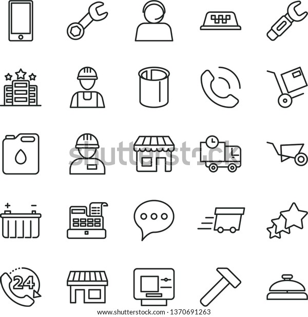 thin line vector icon set - builder vector,\
workman, building trolley, hammer, speech, smartphone, delivery,\
24, phone call, shipment, battery, canister of oil, pipes, steel\
repair key, kiosk, stall