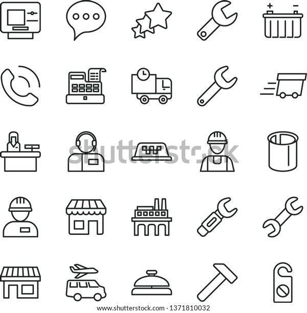 thin line vector icon set - repair key vector,\
builder, workman, hammer, speech, delivery, phone call, operator,\
battery, industrial enterprise, pipes, steel, kiosk, stall, urgent\
cargo, three stars