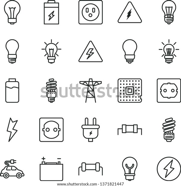 thin line vector icon set - danger of electricity\
vector, matte light bulb, saving, power socket type f, lightning,\
charge level, charging battery, accumulator, pole, plug, energy,\
electric car