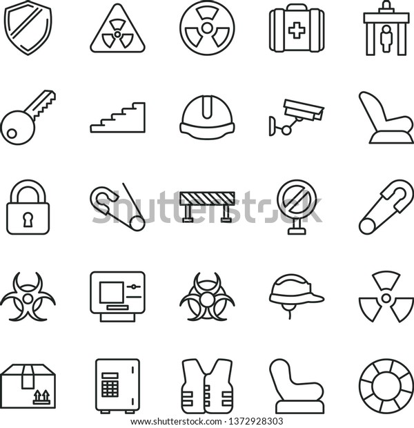 thin line vector icon set - prohibition vector, Baby\
chair, car child seat, safety pin, open, medical bag, key,\
construction helmet, road fence, lock, cardboard box, radiation\
hazard, nuclear, atm