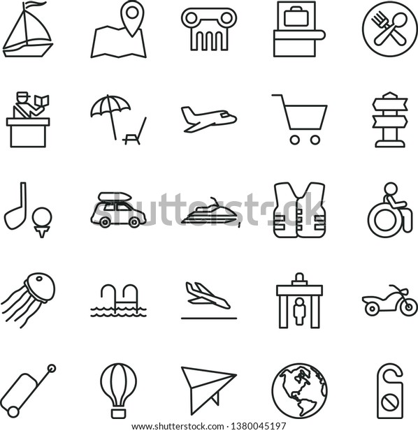thin line vector icon set - earth vector, plane,
car baggage, sail boat, air balloon, hang glider, motorcycle,
security gate, scanner, passort control, rolling case, arrival,
arnchair under umbrella