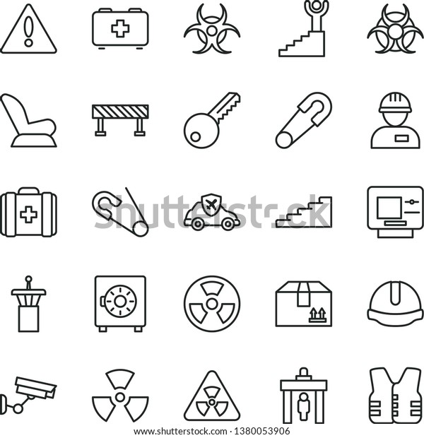 thin line vector icon set - warning vector, car\
child seat, safety pin, open, bag of a paramedic, medical, workman,\
key, construction helmet, road fence, strongbox, cardboard box,\
radiation hazard