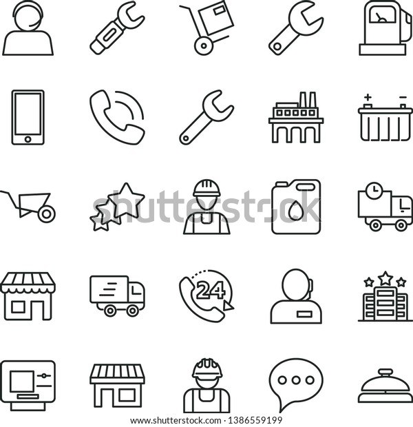 thin line vector icon set - repair key vector,\
builder, building trolley, speech, smartphone, delivery, 24,\
shipment, gas station, battery, industrial enterprise, canister of\
oil, steel, kiosk, atm