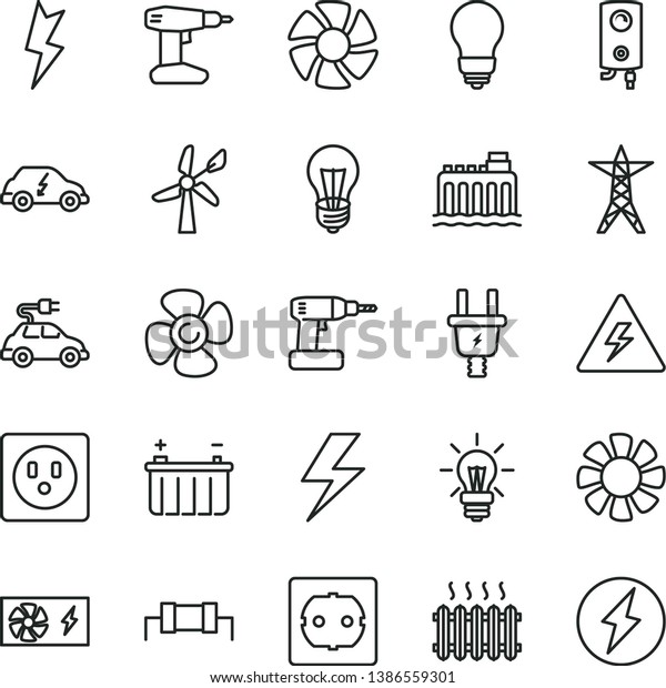 thin line vector icon set - lightning vector, danger\
of electricity, cordless drill, bulb, power socket type f, boiler,\
fan screw, wind energy, battery, hydroelectricity, line, electric\
plug, car
