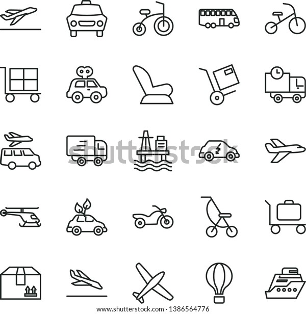 thin line vector icon set - cargo trolley vector, car
child seat, summer stroller, motor vehicle present, bicycle,
tricycle, delivery, cardboard box, shipment, sea port, electric,
Express, bus