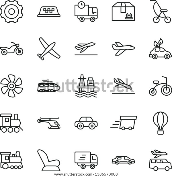thin line vector icon set - truck lorry vector,
car child seat, summer stroller, motor vehicle, baby toy train,
bicycle, delivery, cardboard box, sea port, marine propeller,
urgent cargo, Express