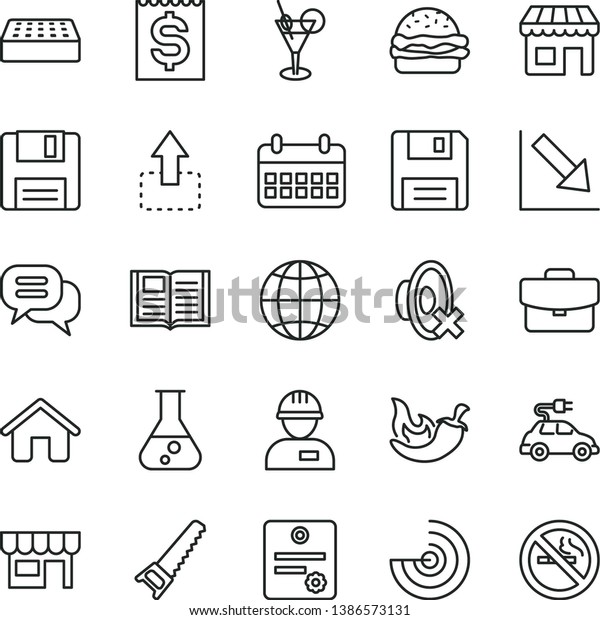 thin line vector icon set - silent mode vector,
negative chart, house, workman, hand saw, brick, book, earth,
suitcase, kiosk, move up, burger, chili, electric car, financial
item, calendar, floppy
