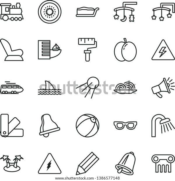 thin line vector icon set - paint roller vector,\
danger of electricity, bell, toys over the cradle, cot, car child\
seat, baby bath ball, color samples, shower, artificial satellite,\
onion, apple