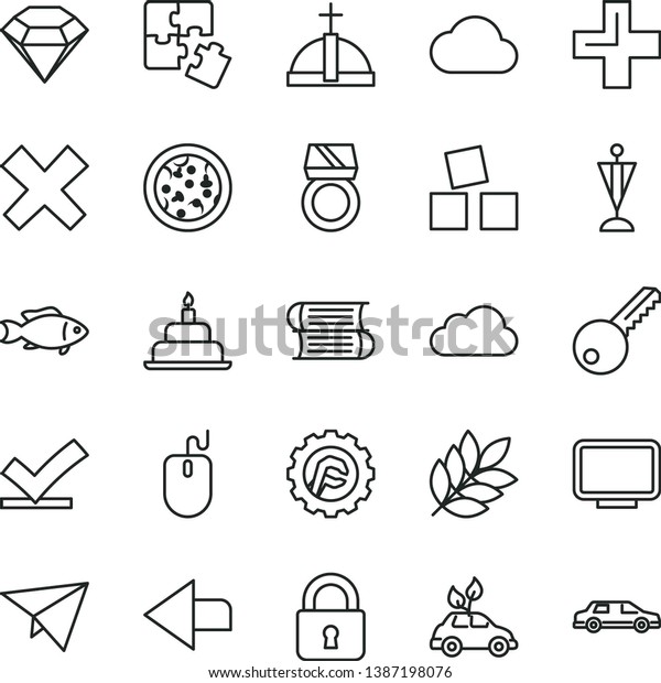 thin line vector icon set - left direction vector,\
plus, cross, cubes for children, birthday cake, Puzzles, books,\
key, star gear, lock, pizza, fish, environmentally friendly\
transport, mouse, cloud