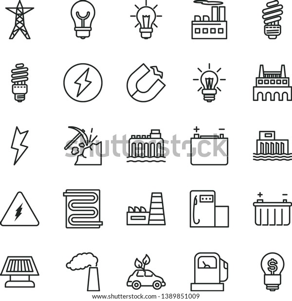 thin line vector icon set - saving light bulb\
vector, lightning, heating coil, coal mining, gas station, modern,\
manufacture, accumulator, battery, hydroelectric, hydroelectricity,\
power line, idea