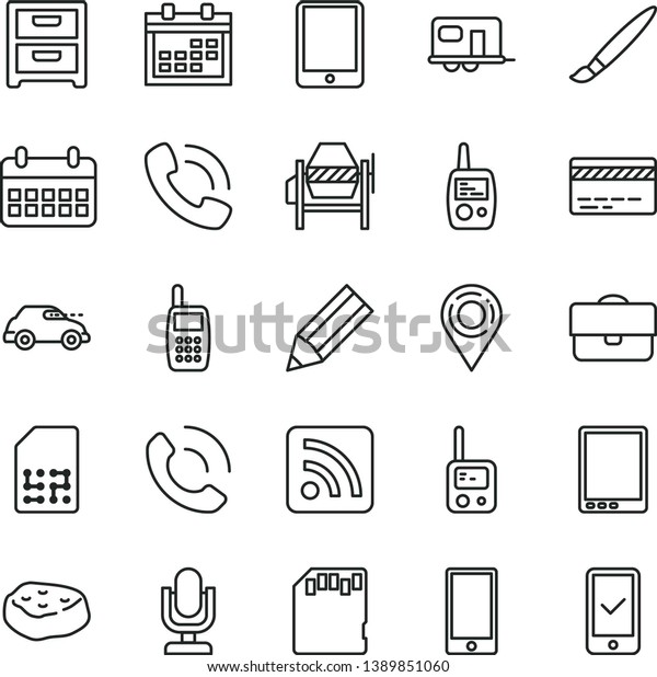 thin line vector icon set - tassel vector,\
desktop microphone, calendar, bank card, rss feed, toy phone,\
mobile, concrete mixer, smartphone, nightstand, call, piece of\
meat, retro car, SIM,\
location