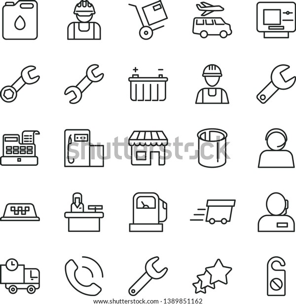 thin line vector icon set - repair key vector,\
builder, delivery, phone call, shipment, gas station, modern,\
battery, canister of oil, pipes, kiosk, dispatcher, operator,\
urgent cargo, cash\
machine