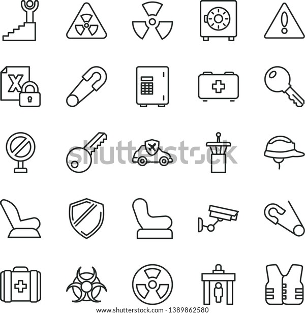 thin line vector icon set - warning vector,\
prohibition, Baby chair, car child seat, safety pin, open, bag of a\
paramedic, medical, key, helmet, strongbox, radiation hazard,\
autopilot, encrypting