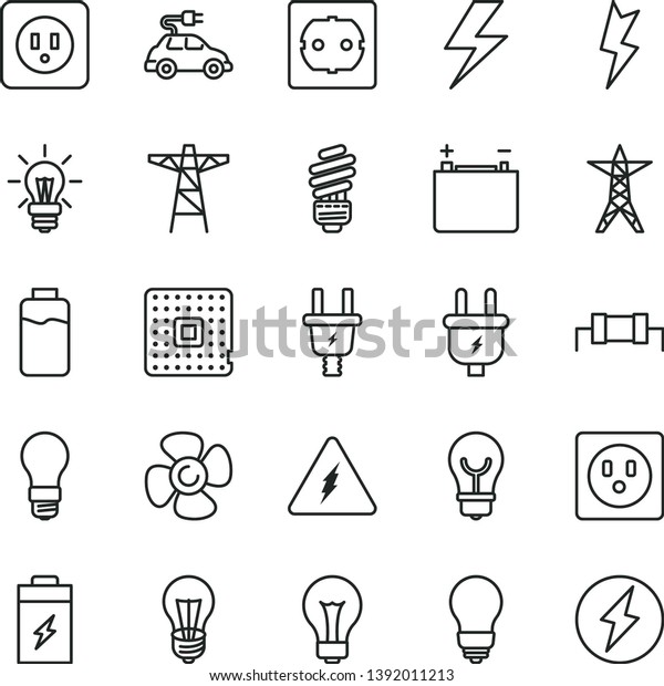 thin line vector icon set - lightning vector,\
matte light bulb, saving, power socket type b, f, fan screw, charge\
level, charging battery, accumulator, line, pole, plug, electric,\
car, processor