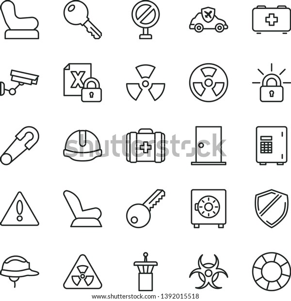 thin line vector icon set - warning vector,\
prohibition, Baby chair, car child seat, safety pin, bag of a\
paramedic, medical, key, ntrance door, construction helmet,\
strongbox, radiation\
hazard