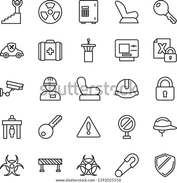 thin line vector icon set - warning vector,\
prohibition, Baby chair, car child seat, safety pin, medical bag,\
workman, key, construction helmet, road fence, lock, radiation\
hazard, autopilot, atm