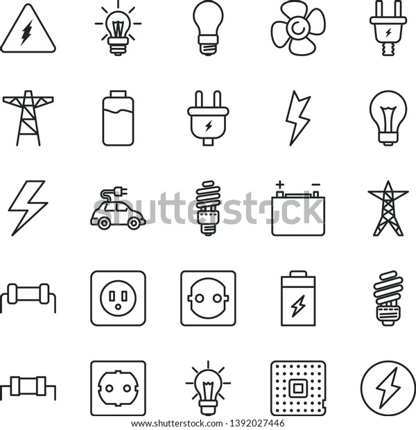 thin\
line vector icon set - lightning vector, matte light bulb, saving,\
power socket type b, f, fan screw, charge level, charging battery,\
accumulator, line, pole, plug, electric, energy,\
car