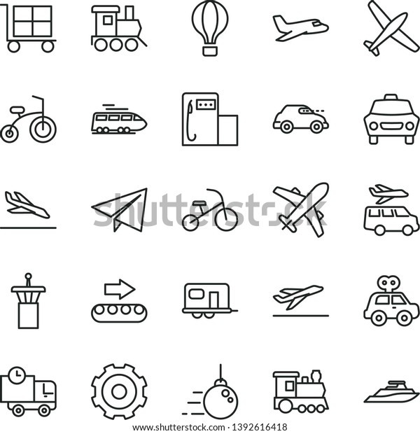 thin line vector icon set - truck lorry vector,\
cargo trolley, paper airplane, motor vehicle present, baby toy\
train, child bicycle, tricycle, big core, car, delivery, modern gas\
station, retro