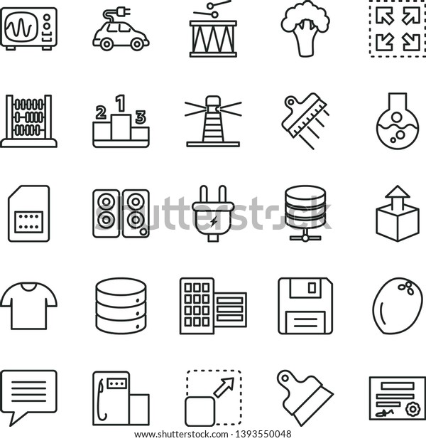 thin line vector icon set - image of thought vector,\
drumroll, abacus, city block, putty knife, spatula, big data,\
server, T shirt, pedestal, expand picture, size, unpacking,\
coconut, broccoli, plug